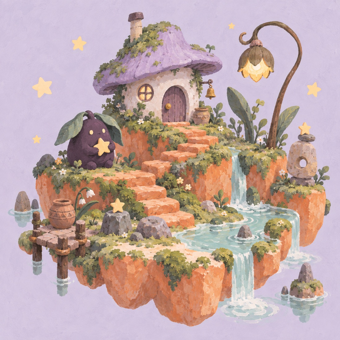 A tiny mushroom cottage, a curious forest sprite, and a winding stream in VORO’s painted world